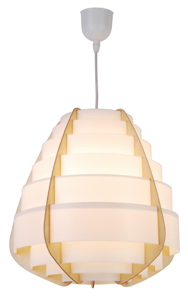 Suspension beige présentée de face sur fond blanc, abat-jour à gradins et arche en bois