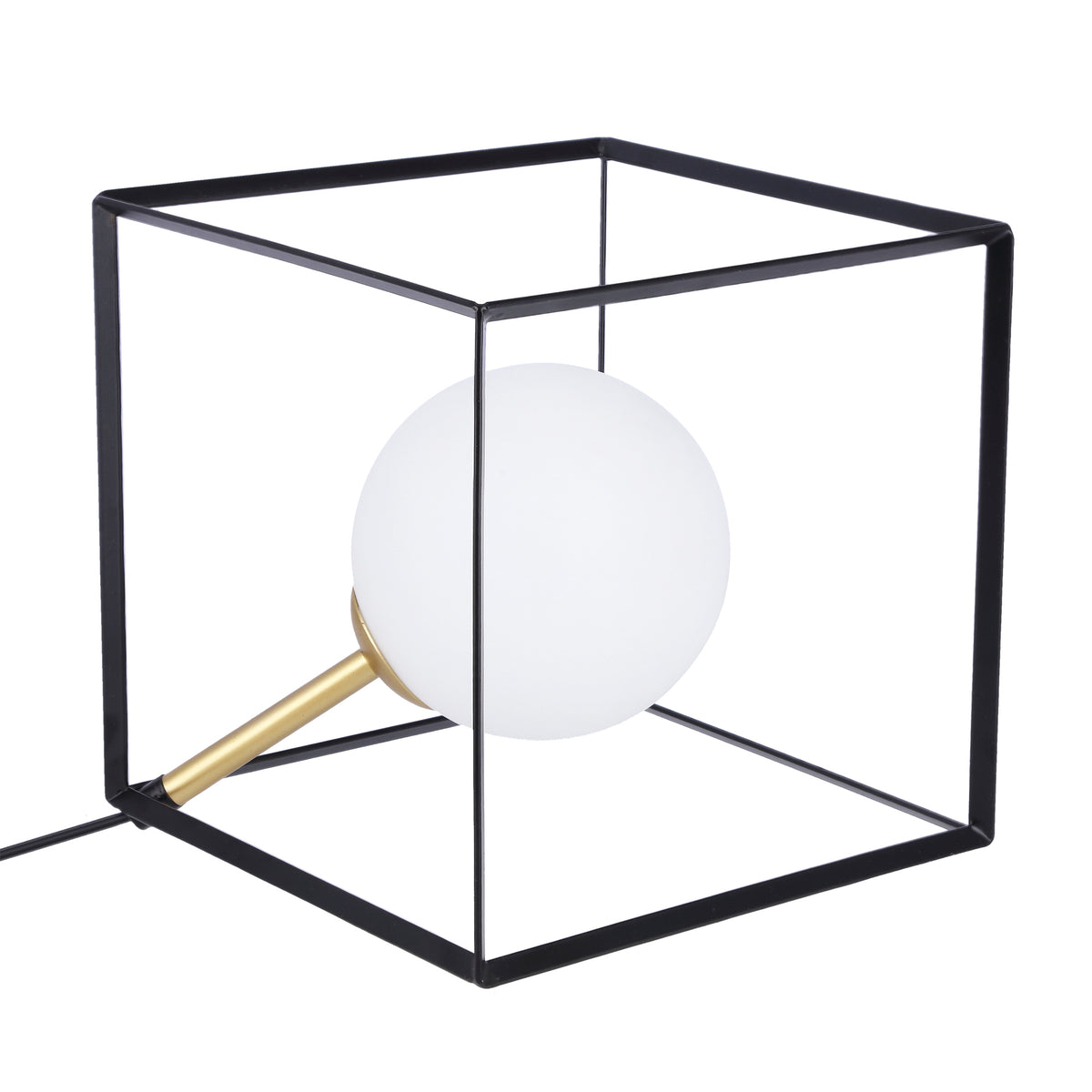 Lampe à poser de face, cadre cubique noir et globe de verre blanc sur bras doré