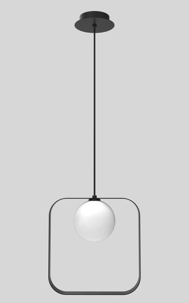 Suspension noire au cadre carré arrondi et globe blanc, vue de face sur fond gris.