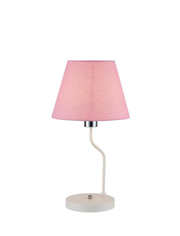 Lampe à poser rose sur fond blanc, abat-jour en tissu et pied blanc recourbé