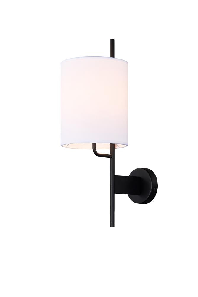 Applique murale noire de face sur fond blanc, abat-jour cylindrique en tissu blanc