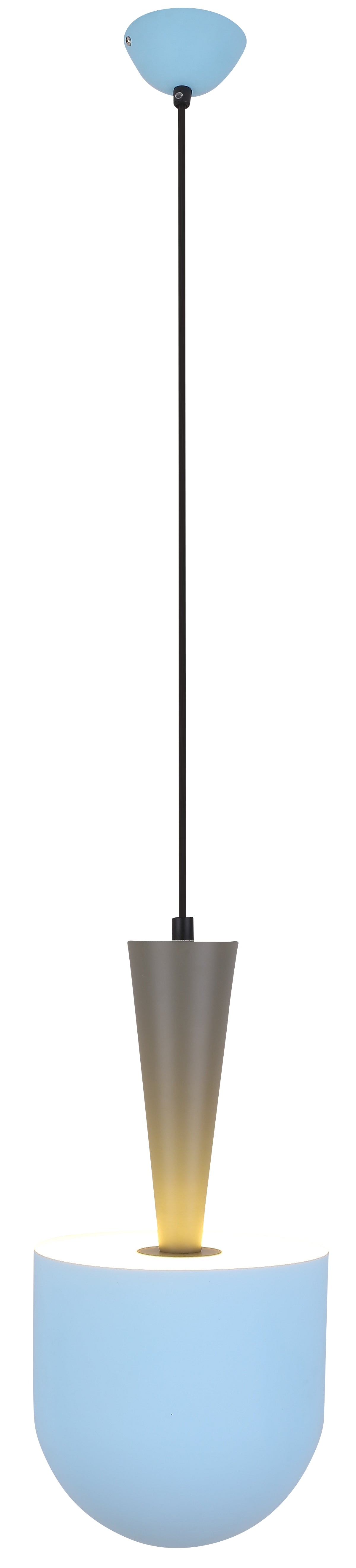 Suspension bleue sur fond blanc, diffuseur en verre dépoli et cône dégradé bronze doré