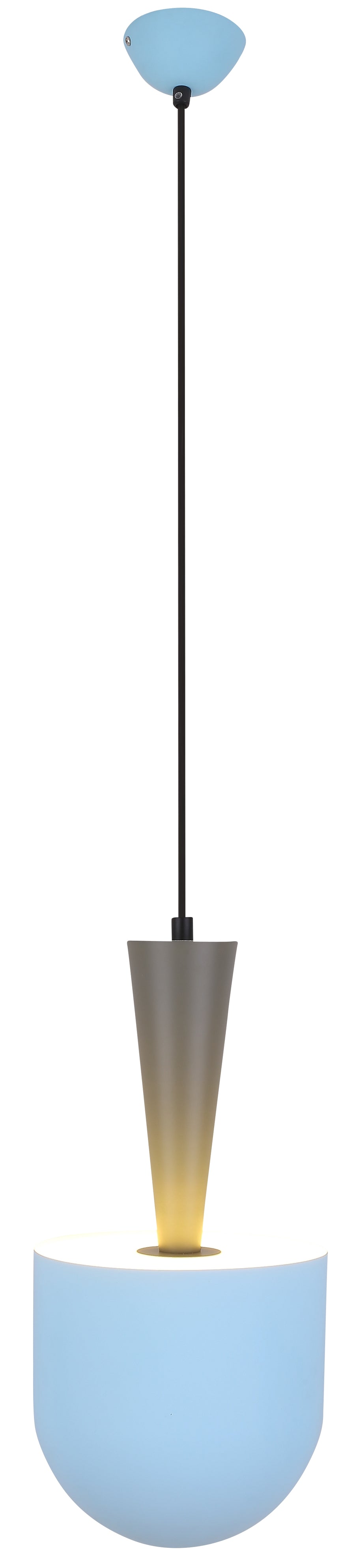 Suspension bleue sur fond blanc, diffuseur en verre dépoli et cône dégradé bronze doré