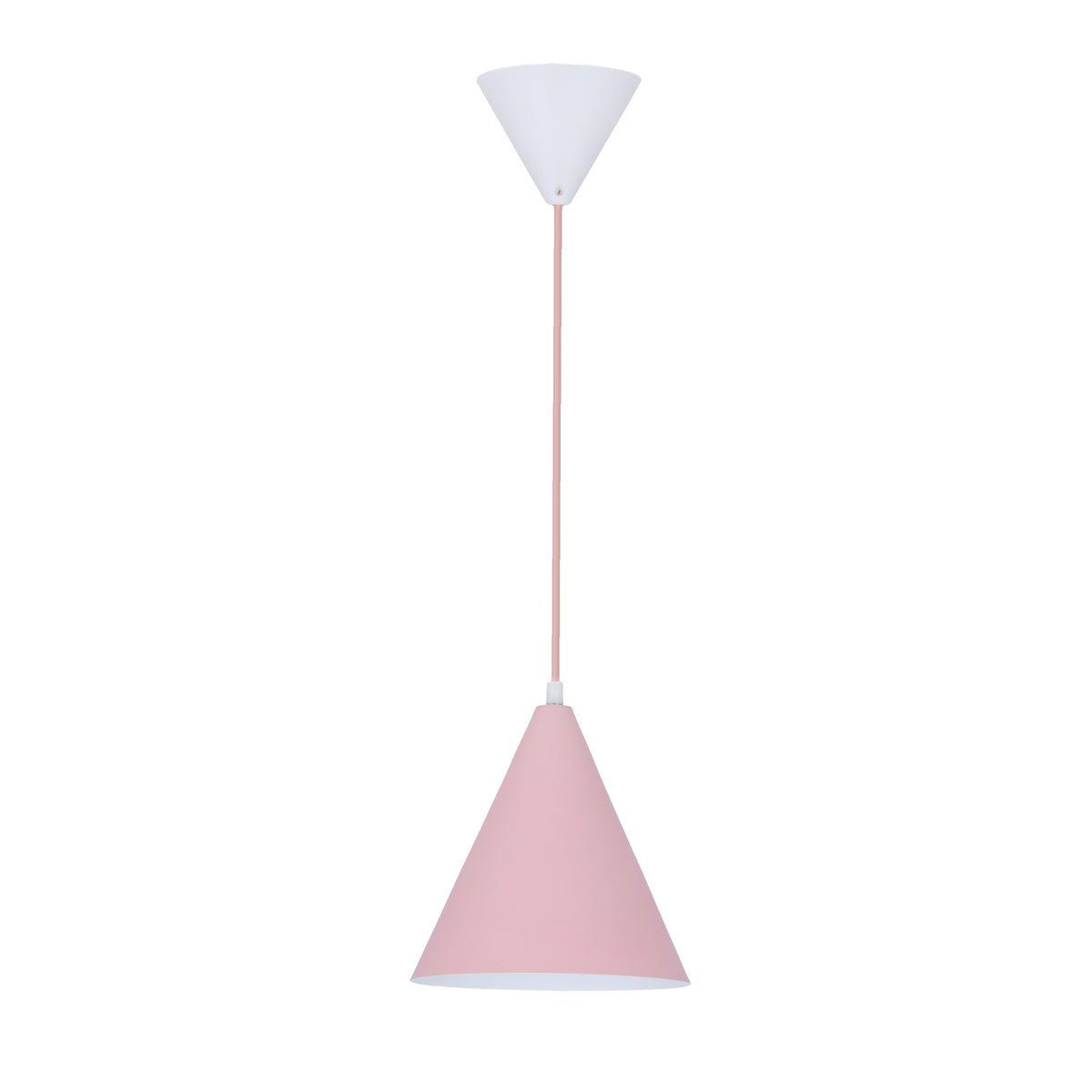 Suspension conique rose pâle avec câble assorti, vue produit isolée sur fond blanc.