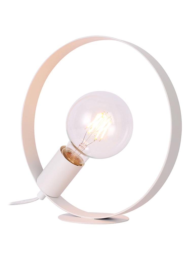 Lampe blanche de face, anneau ouvert et ampoule globe apparente allumée