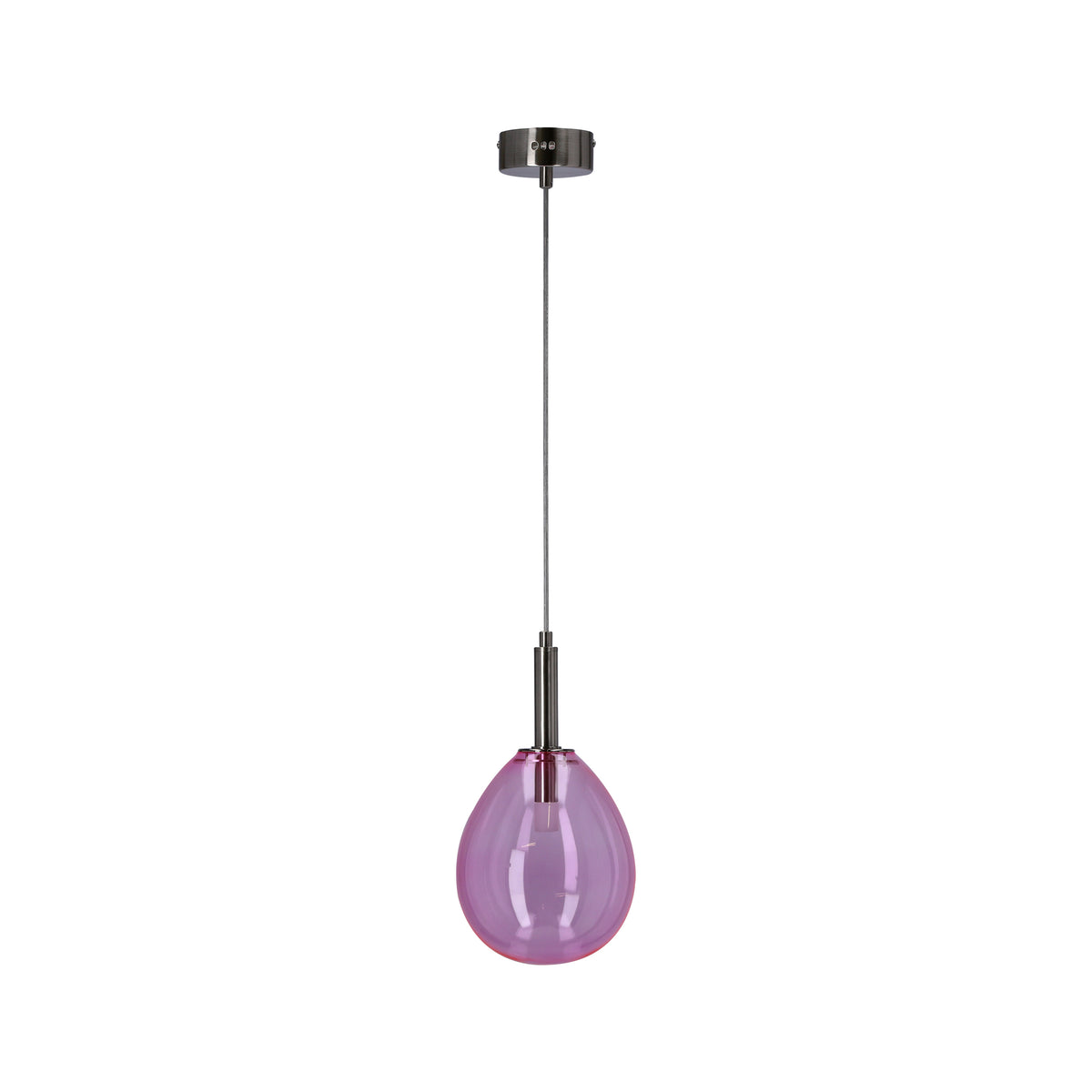 Suspension rose pâle en verre, vue de face sur fond blanc avec câble et rosace chromée.