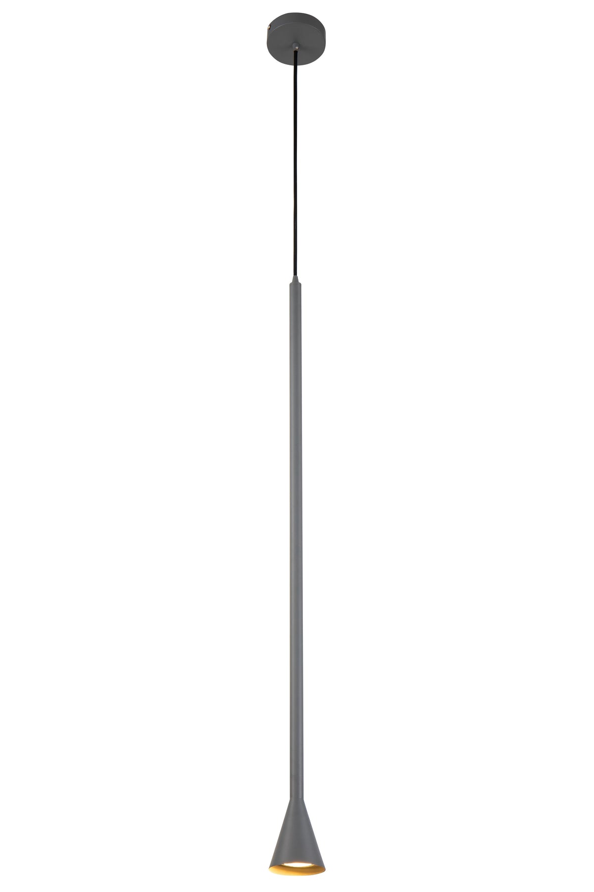 Suspension grise anthracite de face avec câble et diffuseur conique.