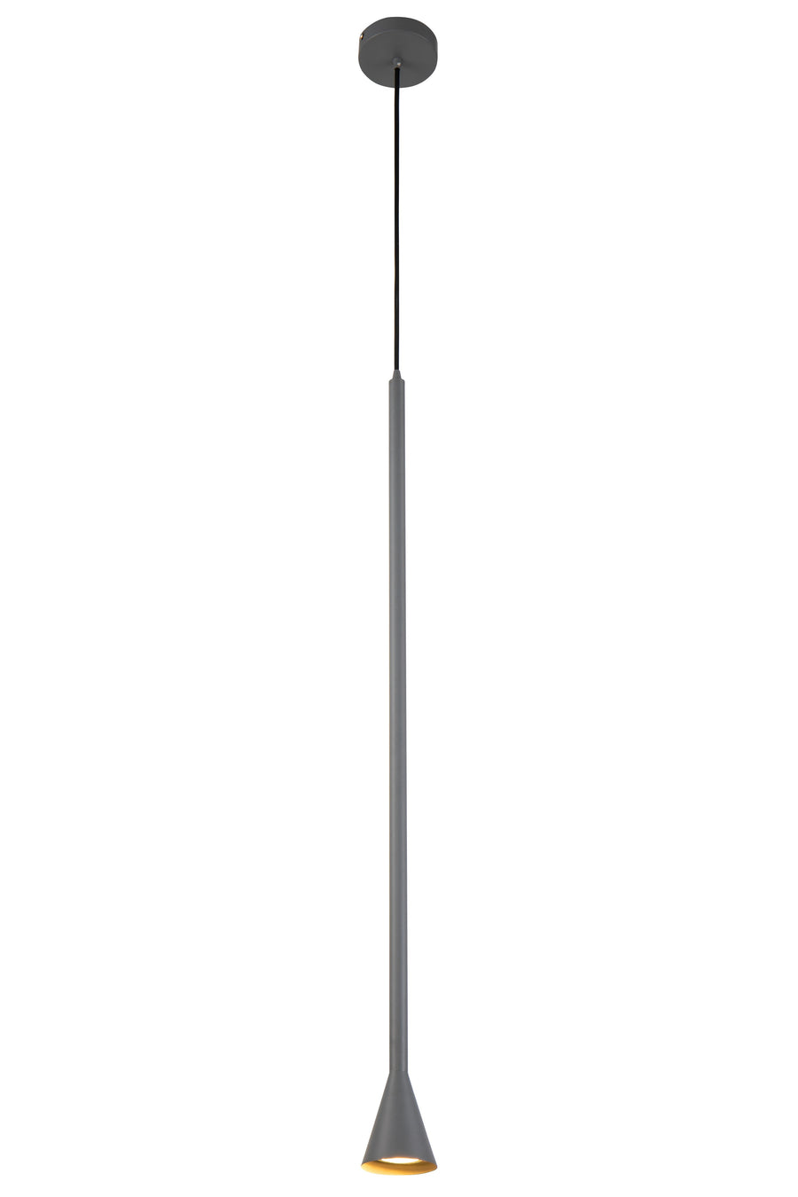 Suspension grise anthracite de face avec câble et diffuseur conique.