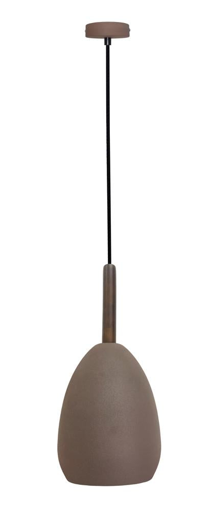 Suspension marron vue de face, câble noir et rosace ronde sur fond blanc