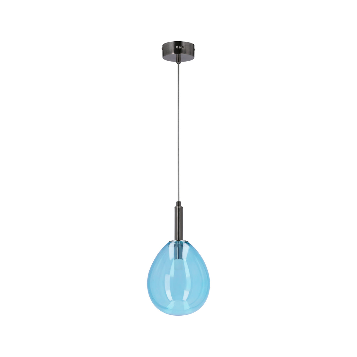 Suspension seule, verre bleu en forme de goutte et monture chromée brillante.