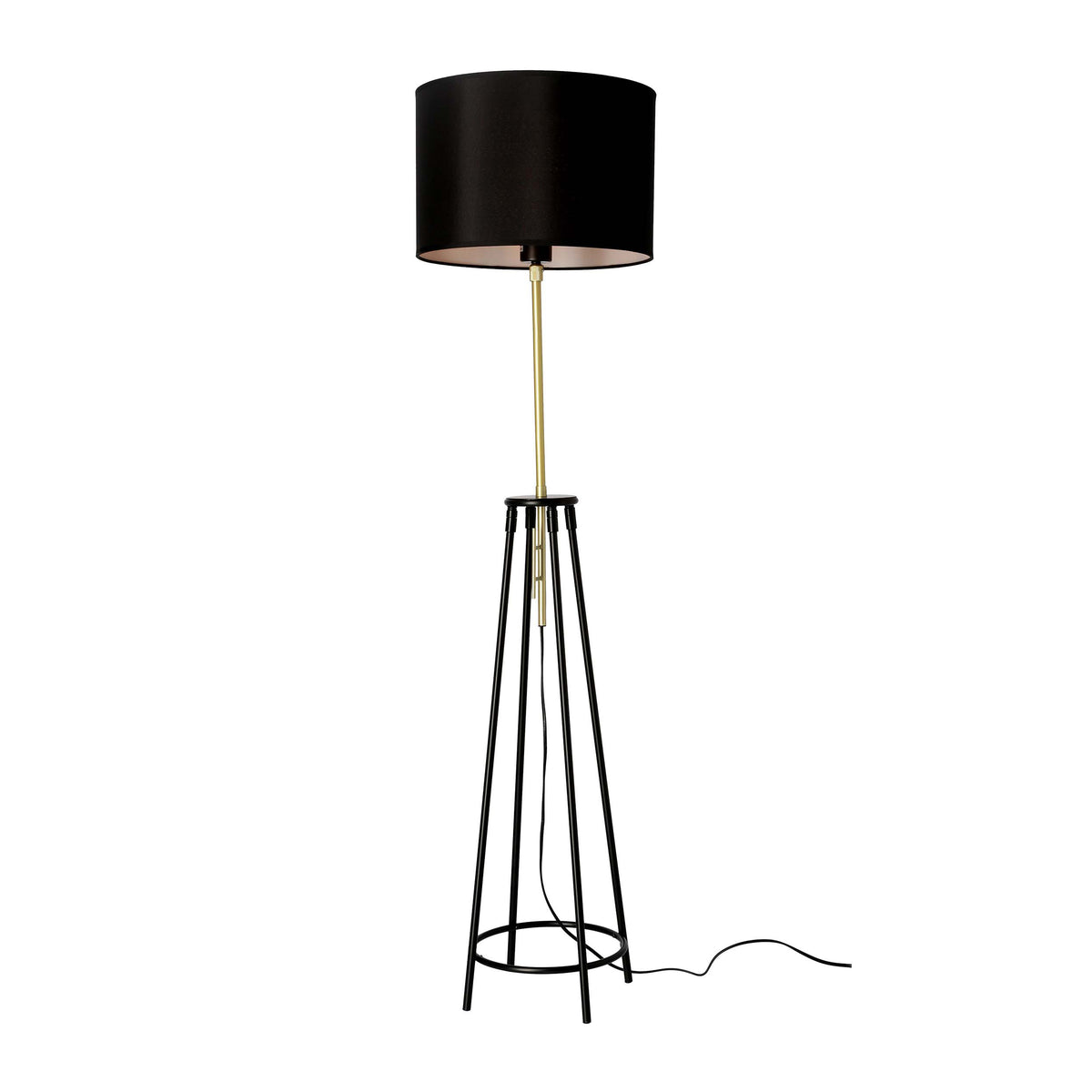 Vue du lampadaire noir et doré, cordon d'alimentation et base trépied apparents.
