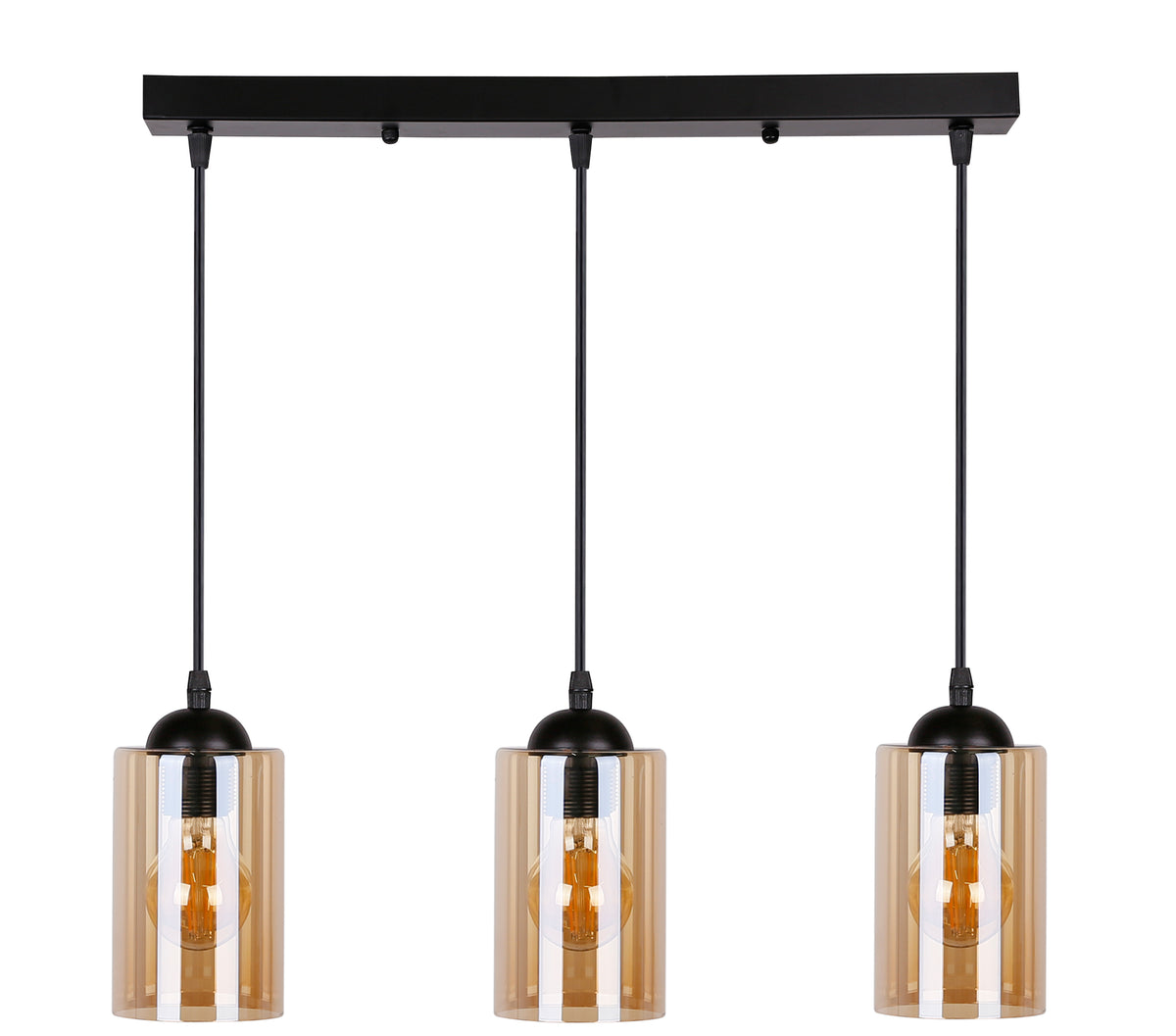 Suspension complète vue de face, câbles noirs et diffuseurs cylindriques suspendus alignés