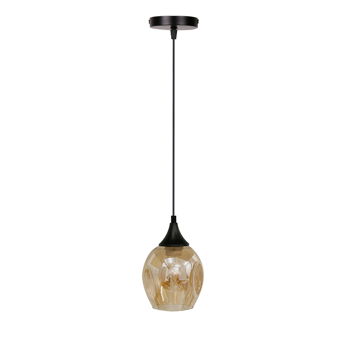 Suspension complète vue de face sur fond blanc, verre ambré et câble noir