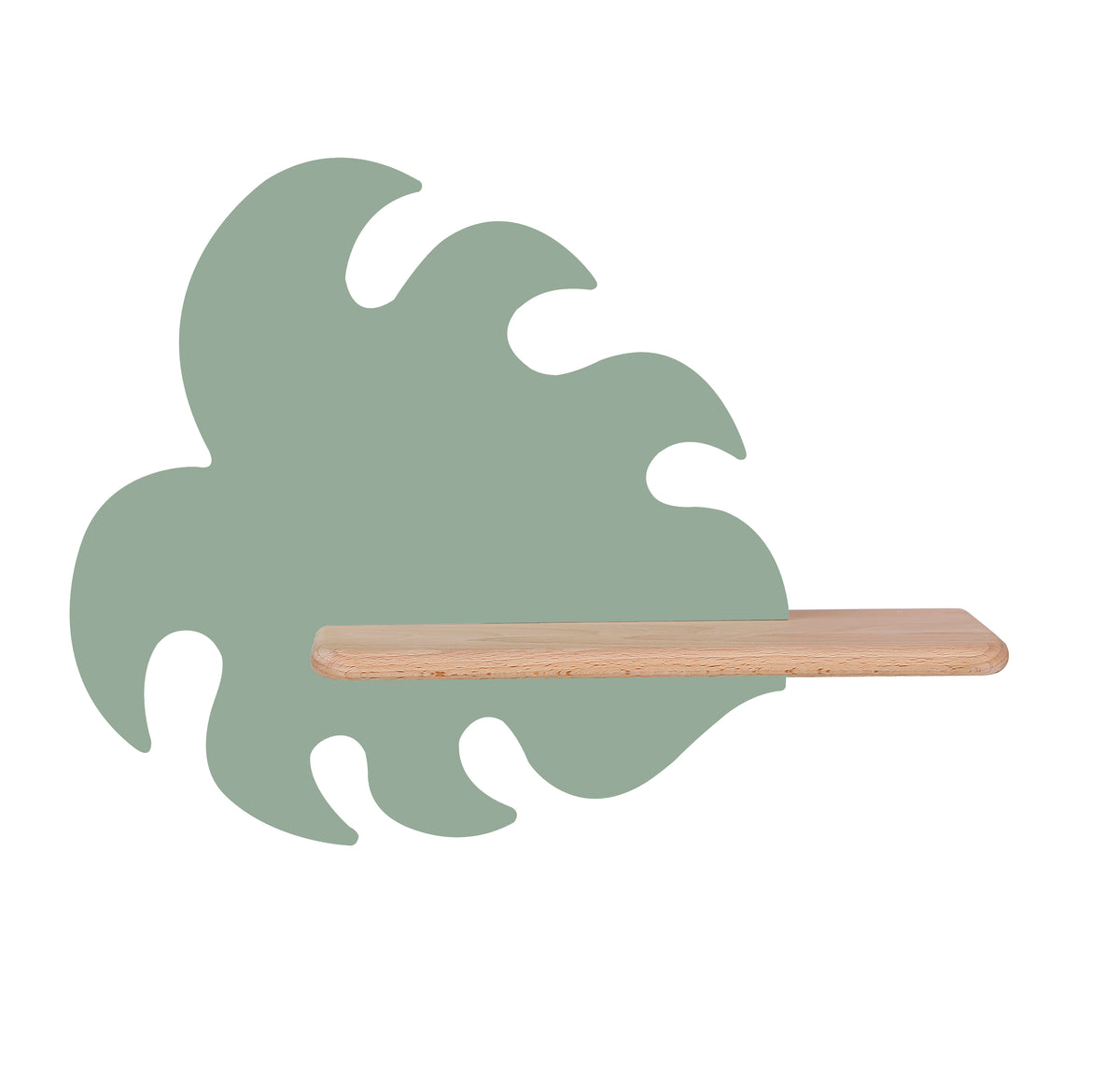Vue de face du luminaire mural en forme de feuille verte avec étagère en bois clair