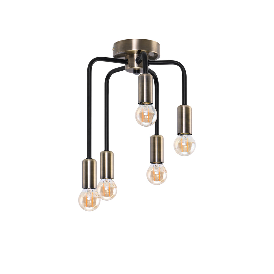 Luminaire noir et bronze avec cinq ampoules, vue de face sur fond blanc.