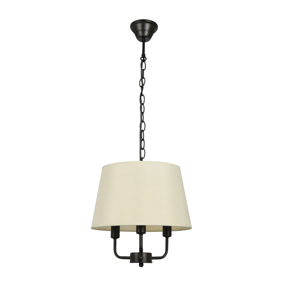 Vue de face du luminaire suspendu avec abat-jour beige et structure noire.