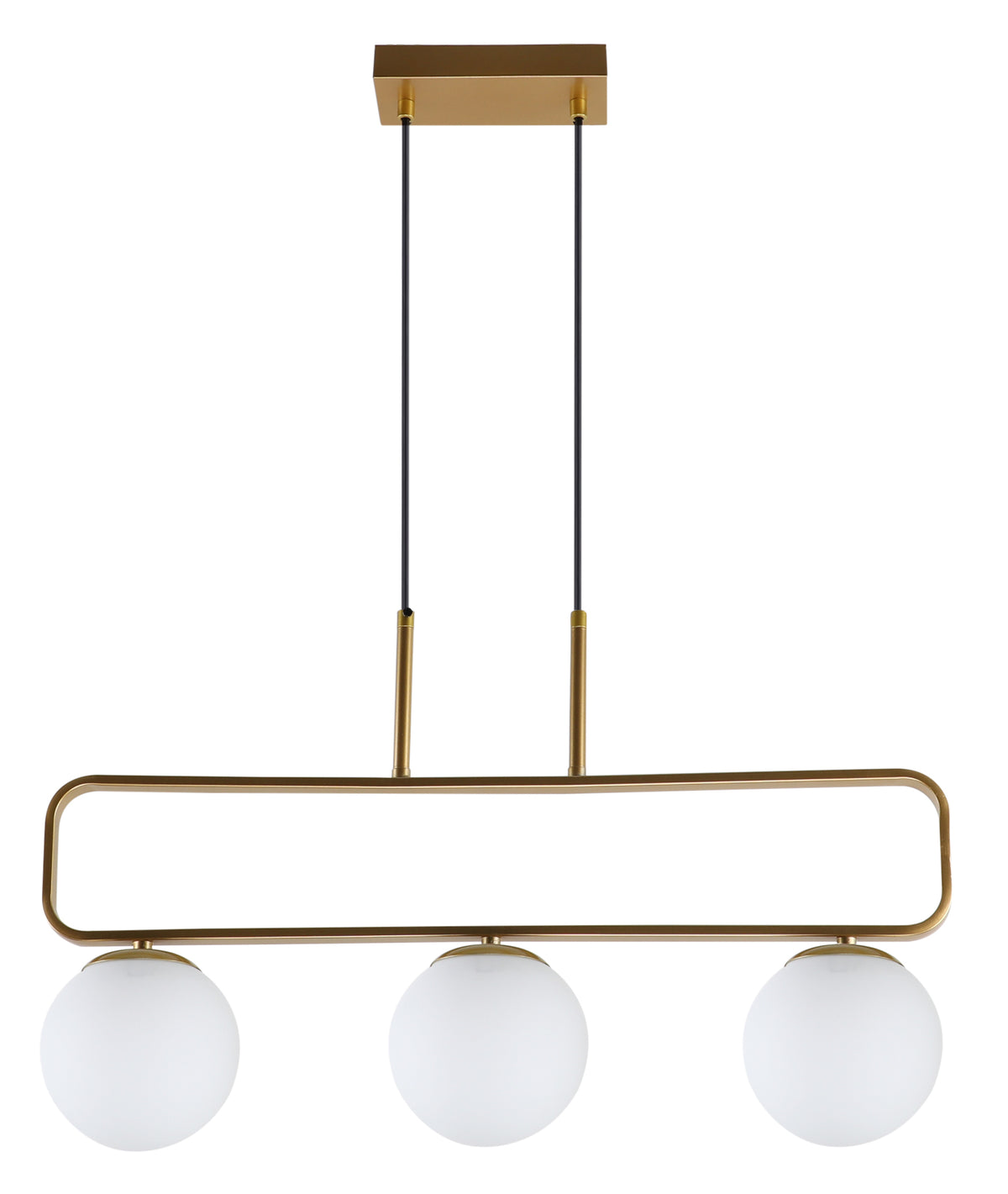 Produit de face sur fond blanc, structure dorée et trois globes opalins