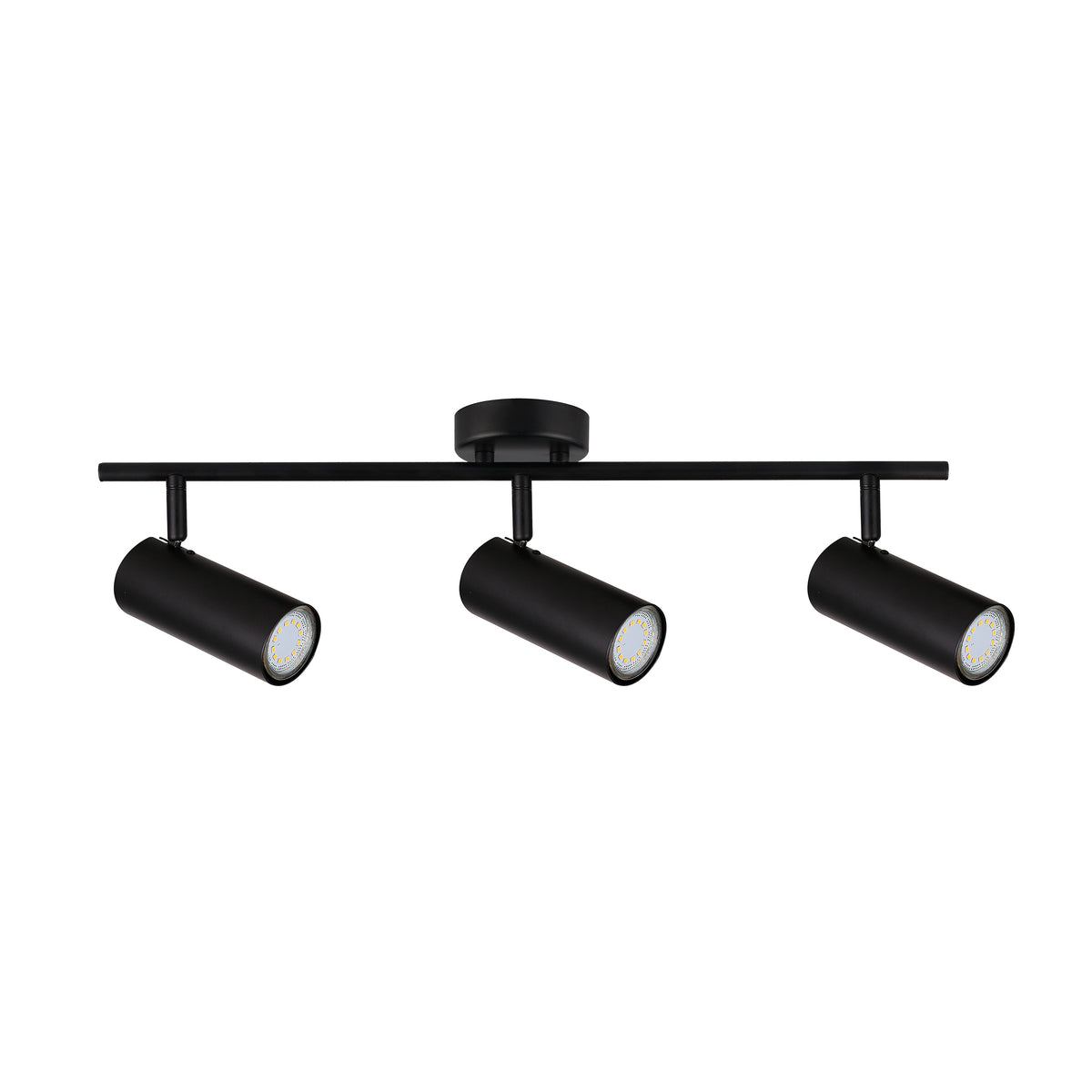 Version noire du plafonnier trois spots cylindriques, barre fine et finition mate