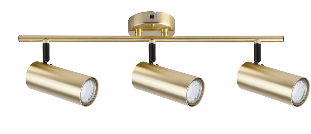 Plafonnier laiton trois spots cylindriques orientables sur barre horizontale, vue de face.
