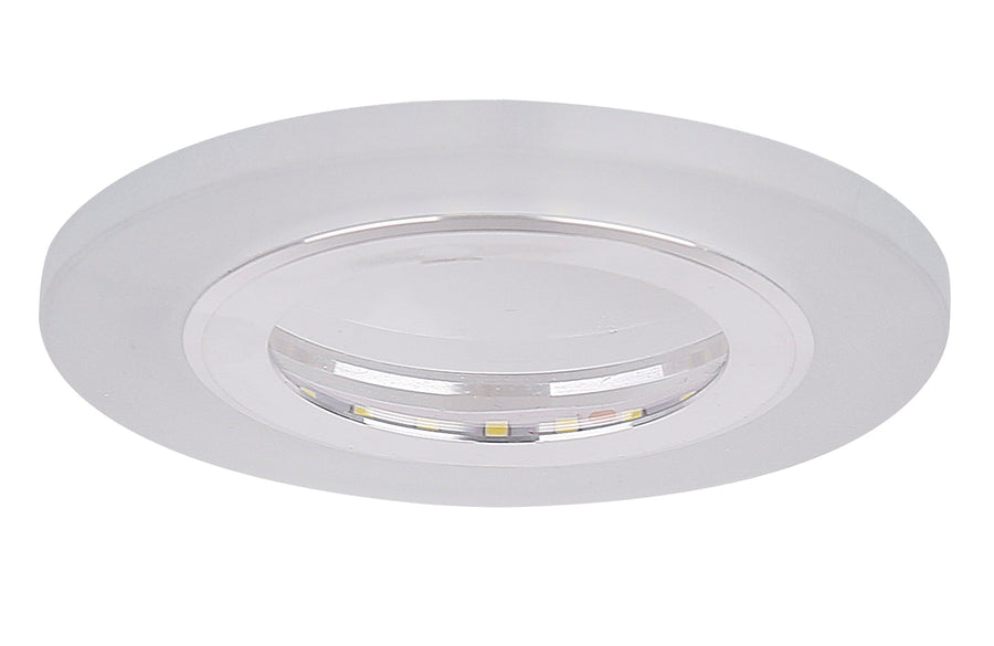Spot encastrable rond argenté vu de face, verre transparent et couronne LED visible