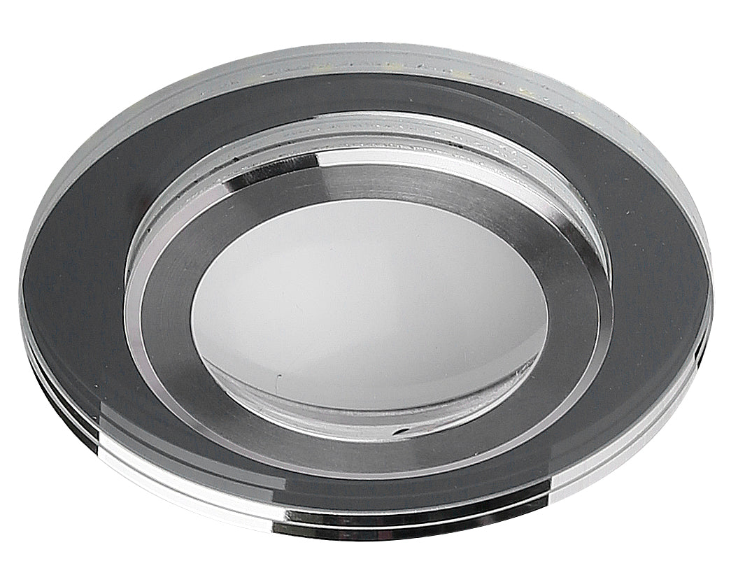 Spot encastrable rond vu de face, cerclage argent poli et verre transparent