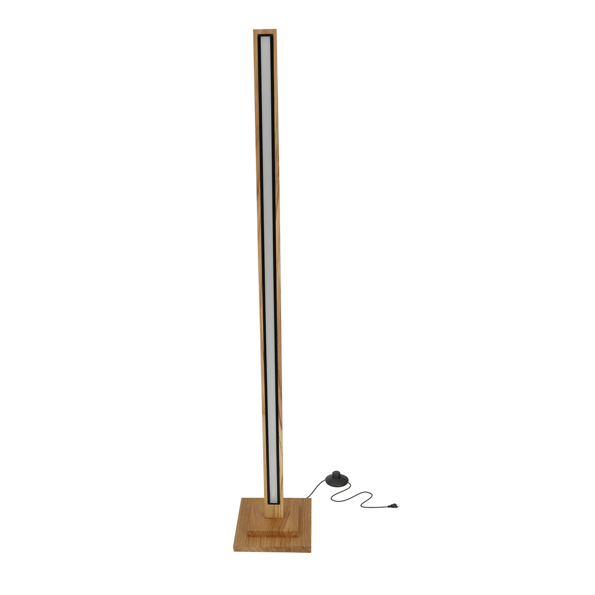 Lampadaire en bois clair de face avec ruban LED blanc vertical intégré