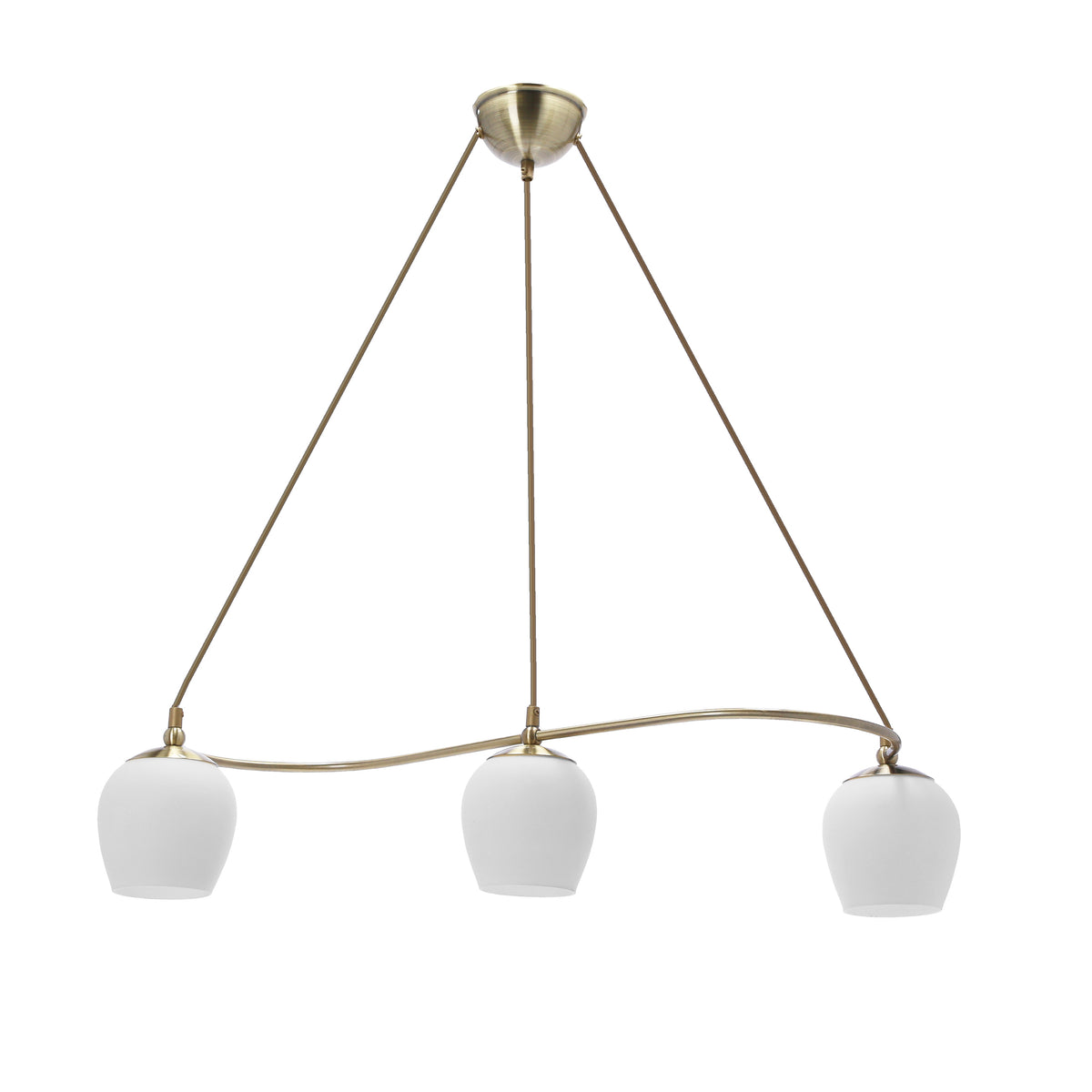 Suspension trois lumières vue de face, globes opalins et structure dorée