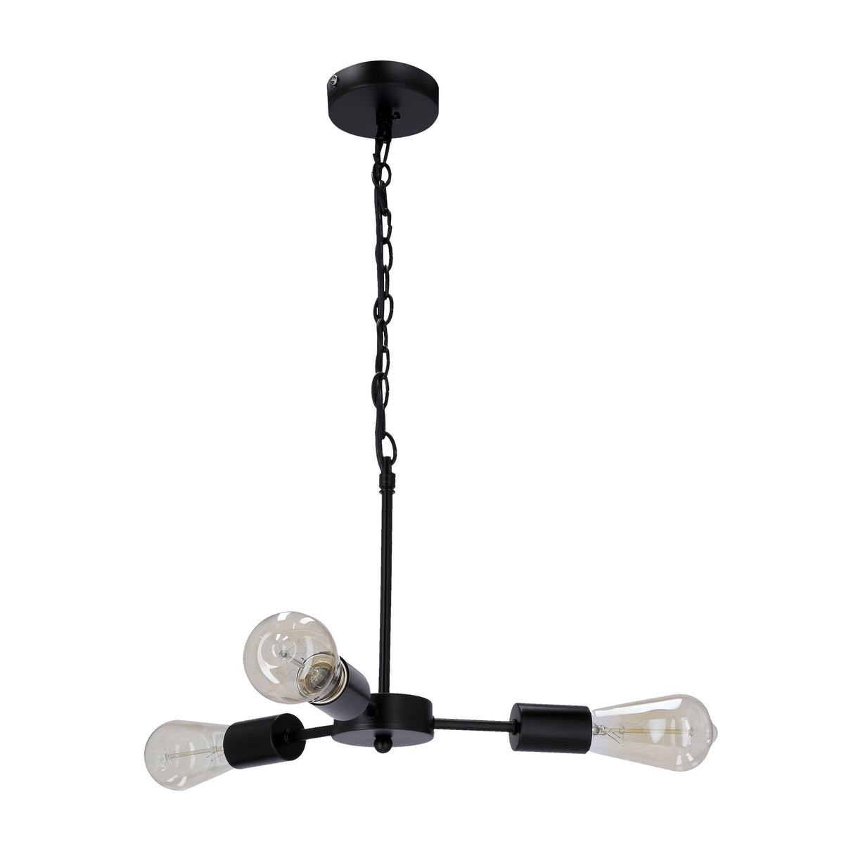 Suspension noire suspendue par chaîne, trois bras et ampoules transparentes non allumées.