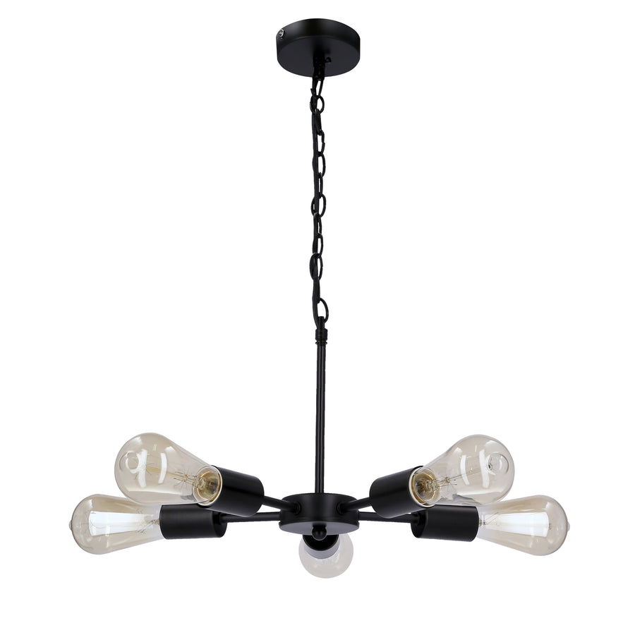 Suspension noire à cinq bras, ampoules apparentes, chaîne et coupelle, fond blanc