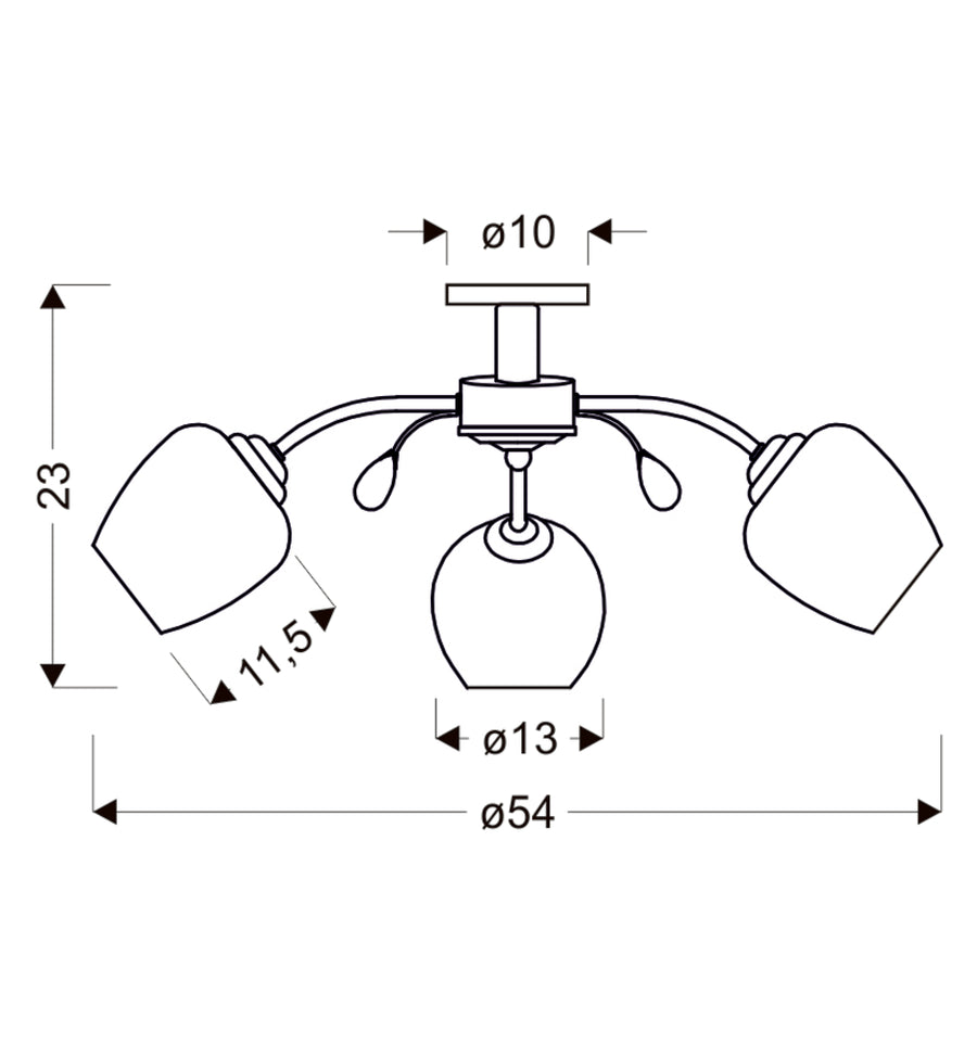 Schéma de dimensions cotées du plafonnier, diamètre total et hauteur indiqués.