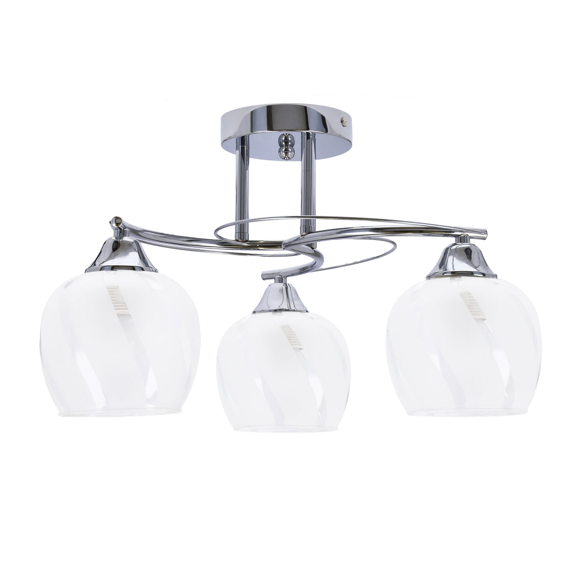 Plafonnier éteint vu de face, trois globes en verre transparent et structure chromée