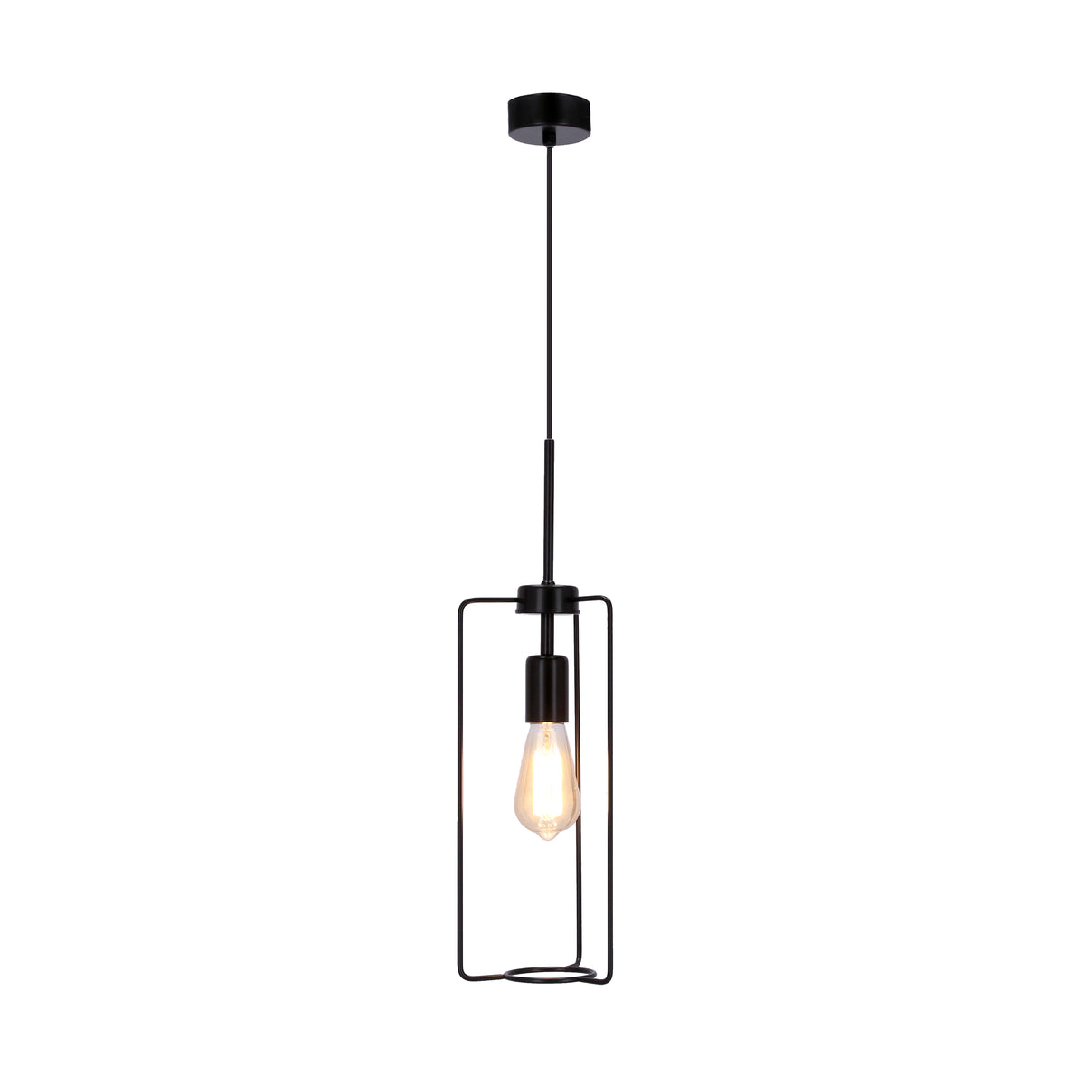 Même suspension allumée, montrant la lumière chaude diffusée par l'ampoule Edison dans la cage.
