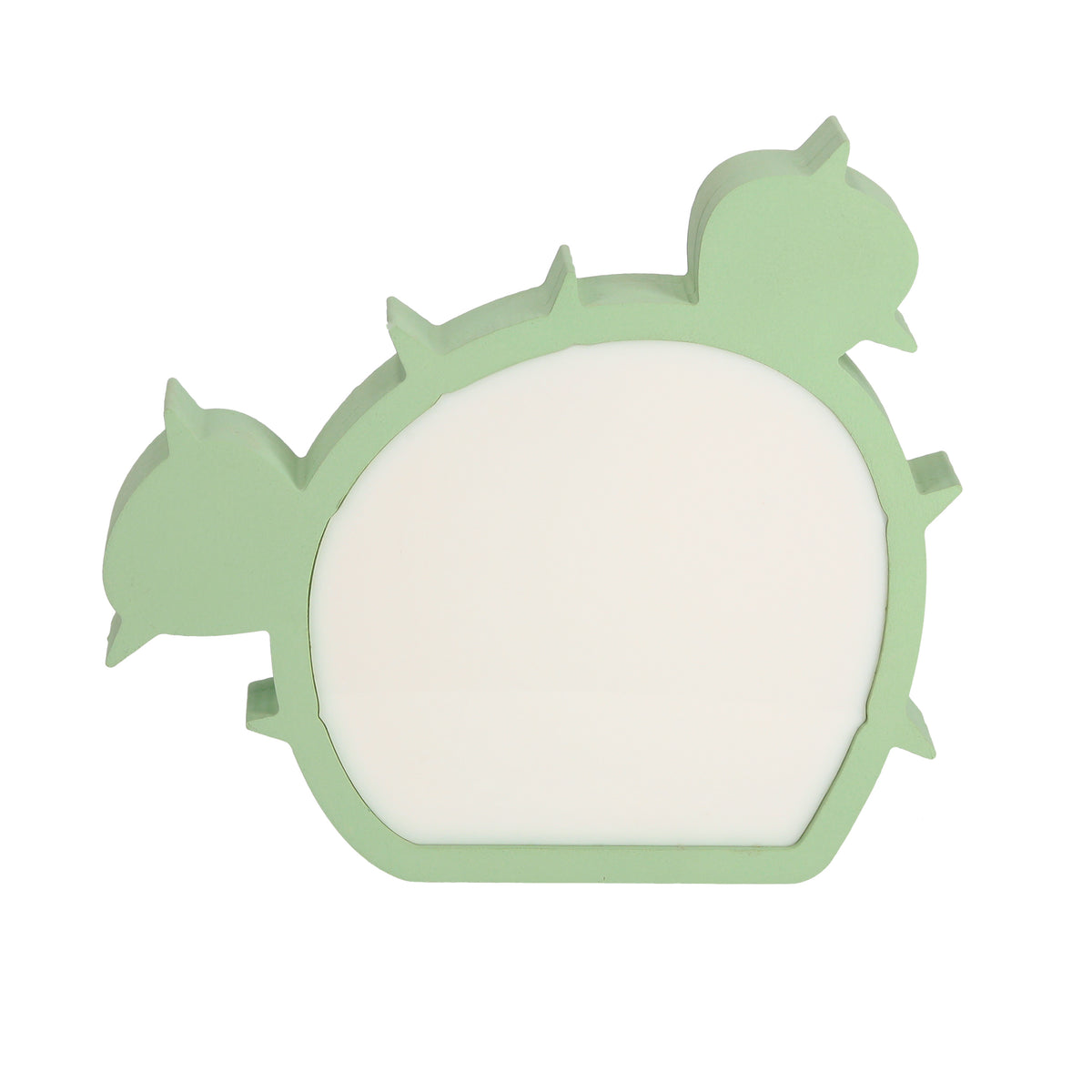 Vue de face du luminaire en forme de cactus vert avec diffuseur blanc central.