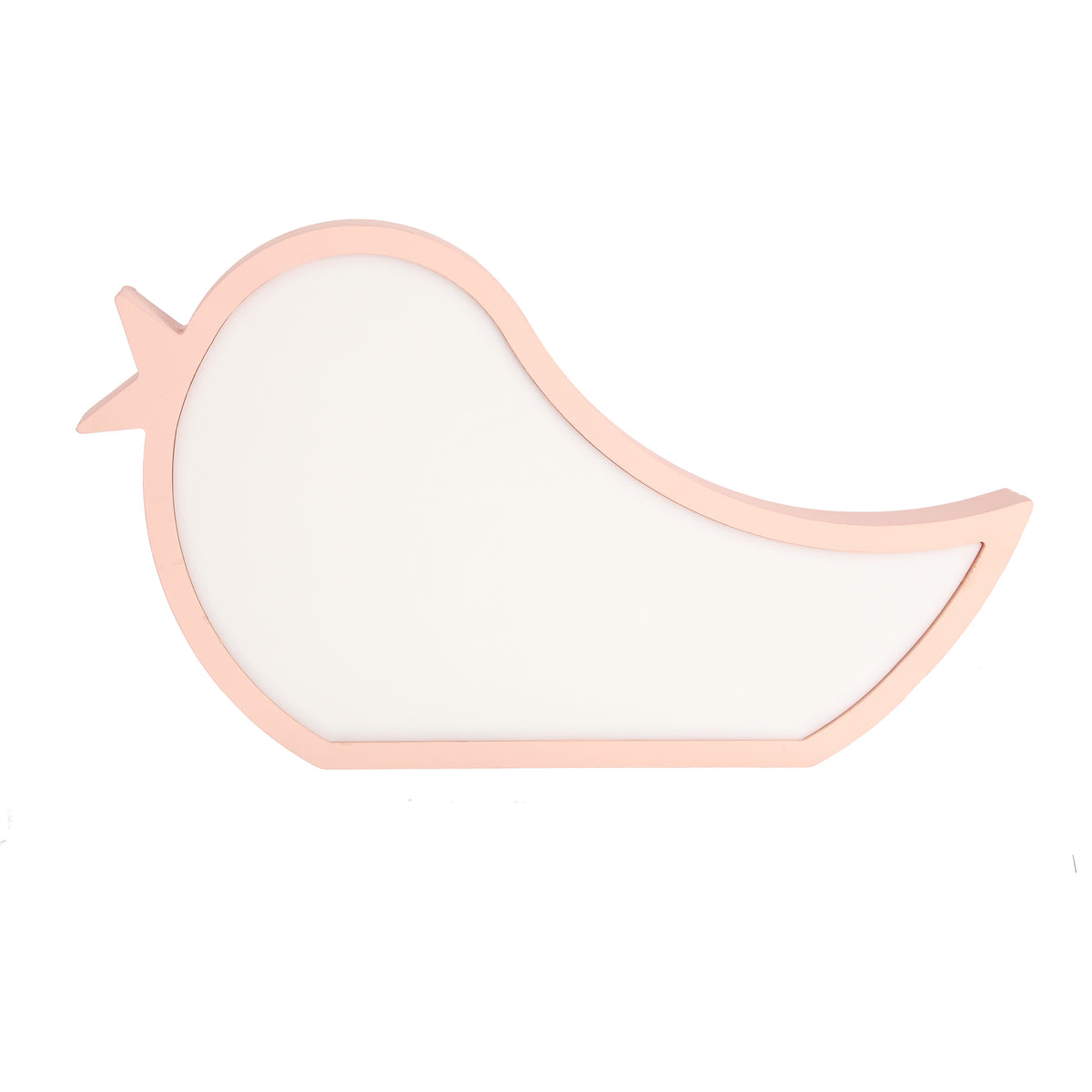 Lampe en forme d'oiseau rose de face, diffuseur blanc, contour saumon, fond blanc