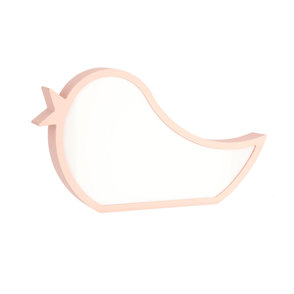 Vue de trois quarts de la lampe oiseau rose, épaisseur du contour et diffuseur blanc opale