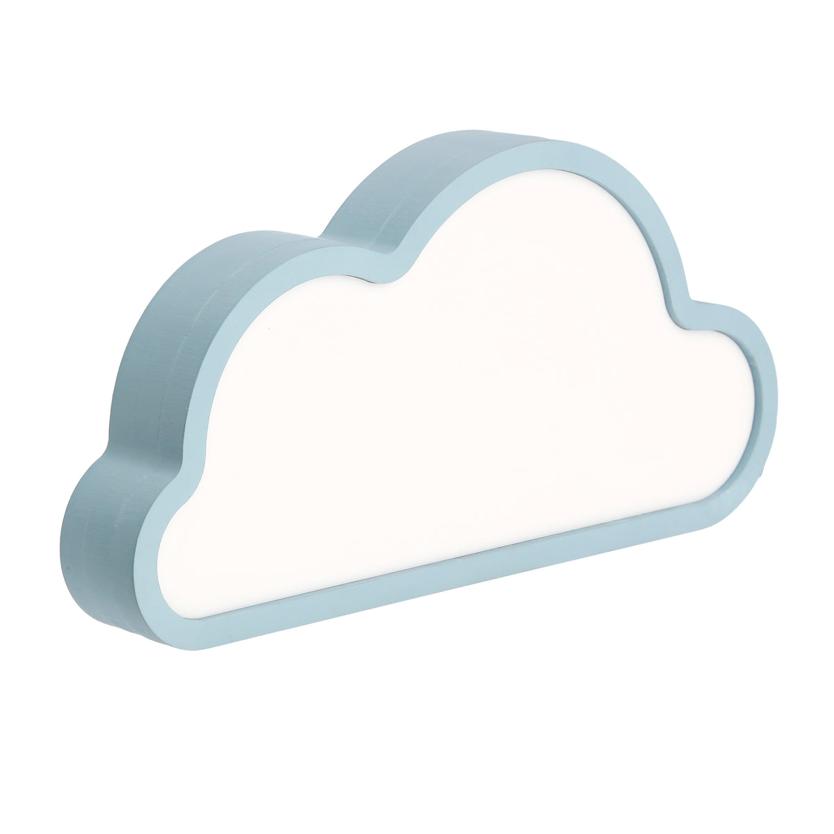 Profil latéral du luminaire nuage, cadre bleu en relief et câble d'alimentation visible.