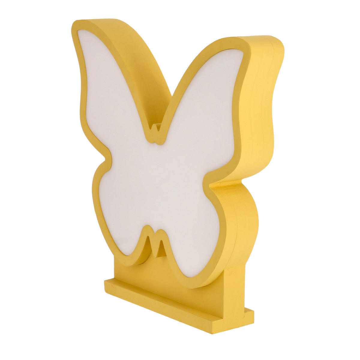 Profil du luminaire papillon, socle rectangulaire et bordure jaune en relief