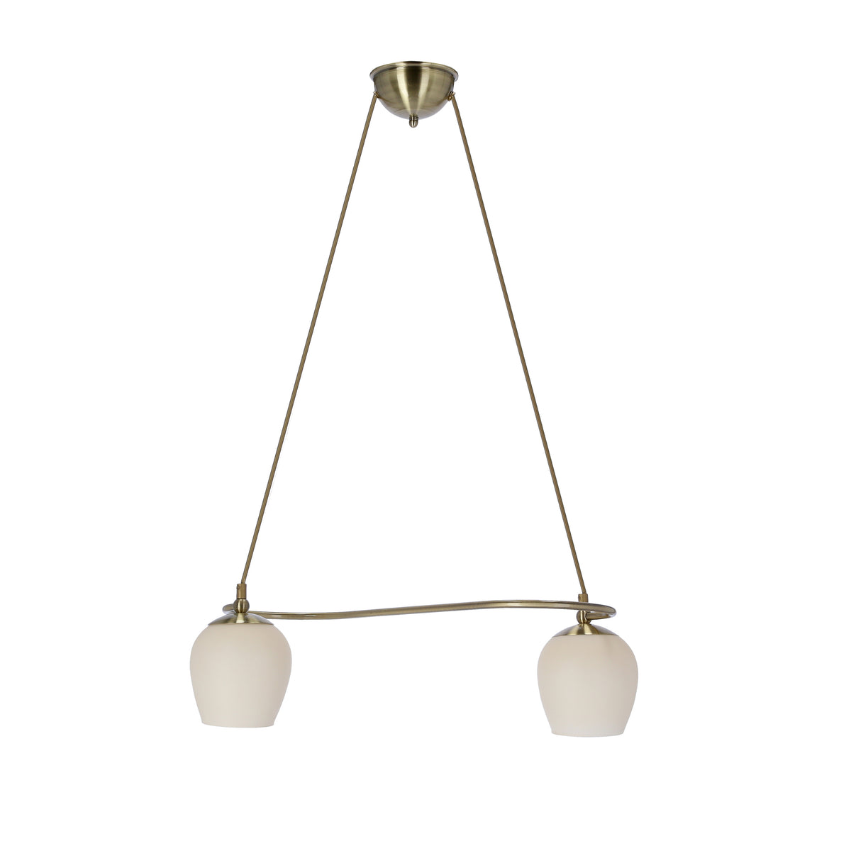 Luminaire suspendu deux globes opalins, finition laiton brossé, présenté sur fond blanc