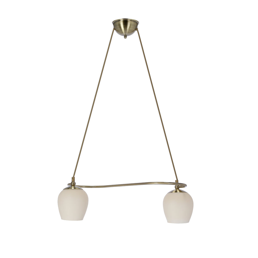 Luminaire suspendu deux globes opalins, finition laiton brossé, présenté sur fond blanc