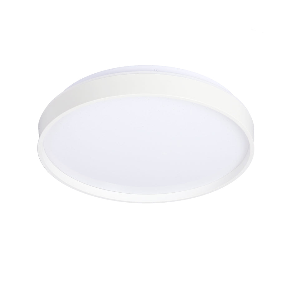 Vue en perspective du plafonnier montrant le boîtier cylindrique blanc et le diffuseur bombé.