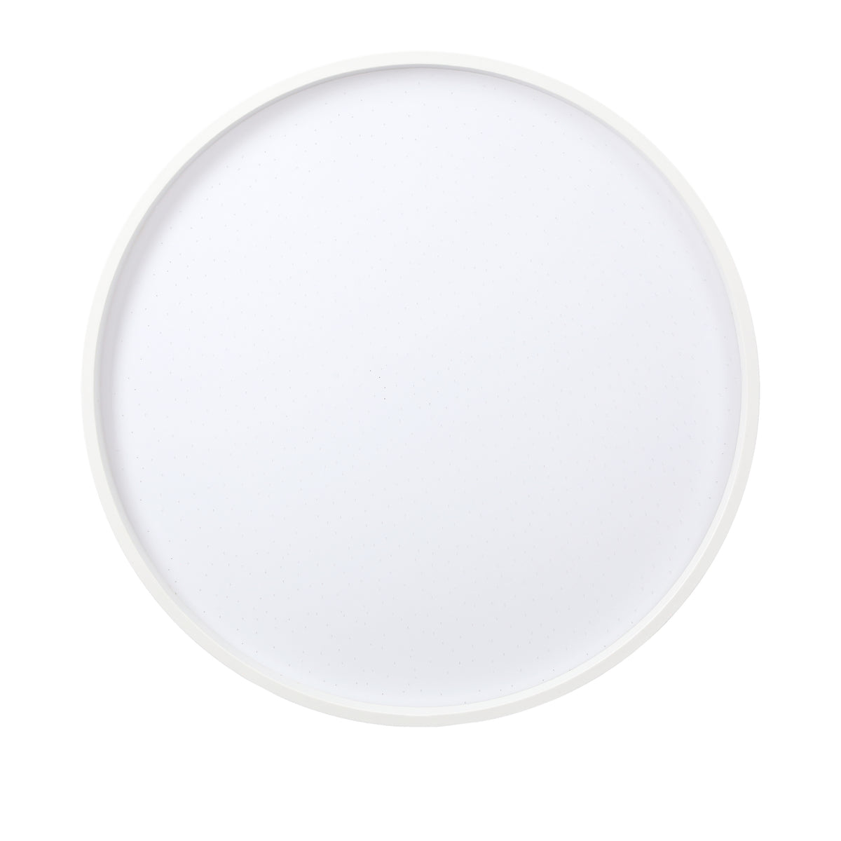 Vue de face d'un plafonnier LED rond blanc avec un diffuseur finement moucheté