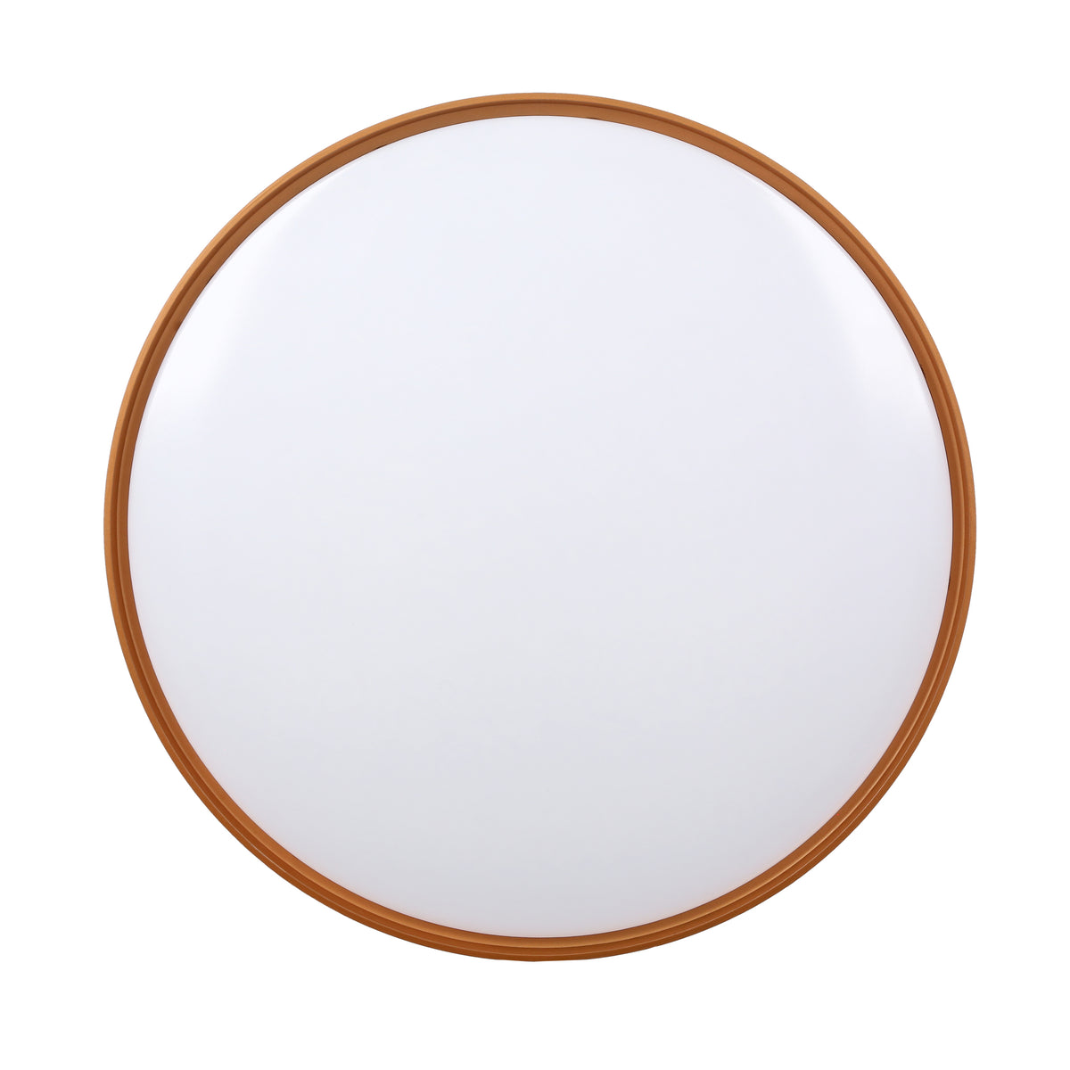 Vue de face du plafonnier rond, diffuseur blanc opale bordé d'un liseré doré