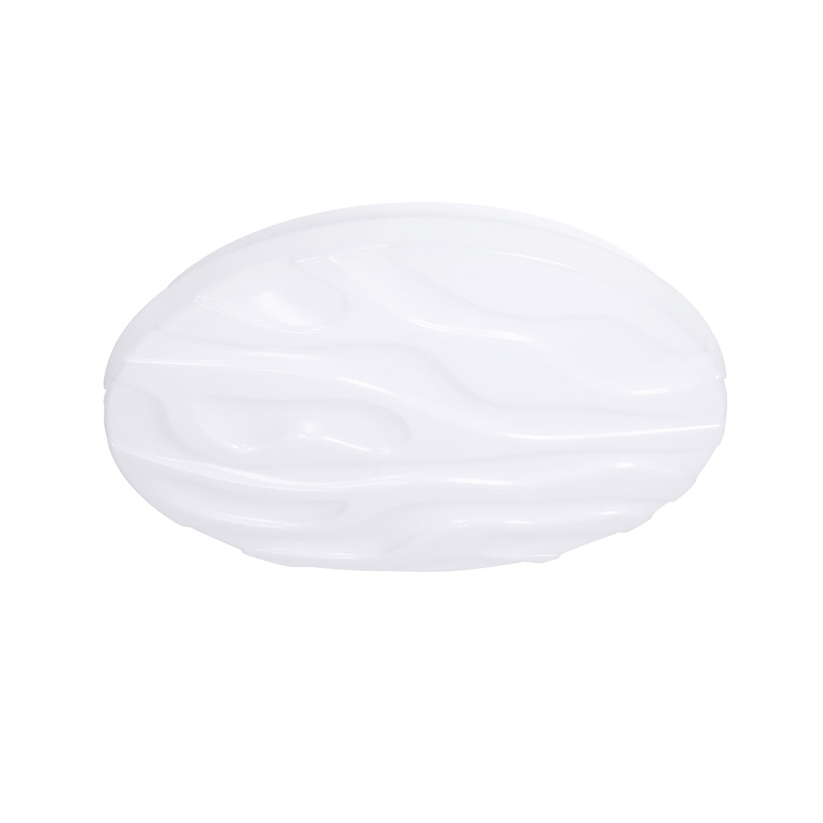 Autre prise de vue du luminaire rond blanc, mettant en avant sa faible profondeur.