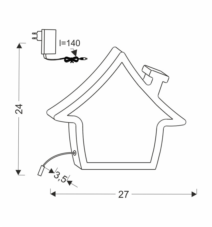 Schéma coté : hauteur 24 cm, largeur 27 cm, câble et prise