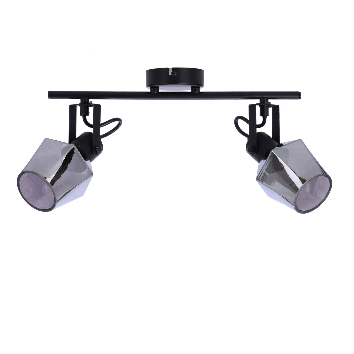 Vue de face du plafonnier noir à deux spots orientables en verre fumé.