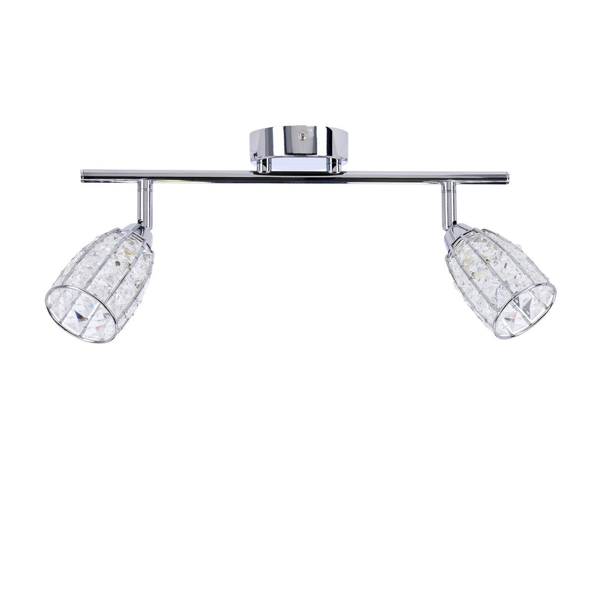 Plafonnier chromé à deux spots orientables, vue de face sur fond blanc