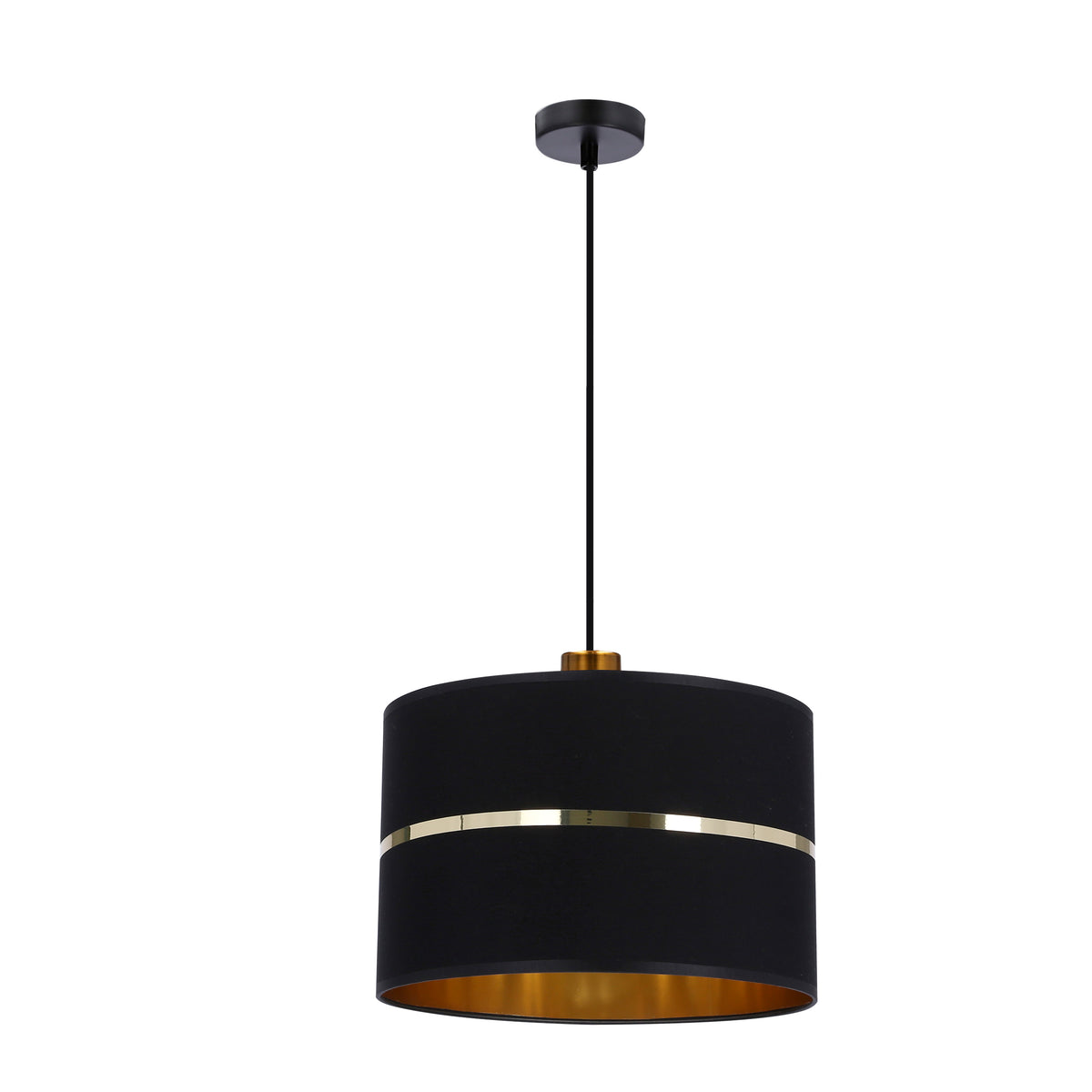 Suspension noire à abat-jour cylindrique en tissu avec bande dorée, sur fond blanc neutre.