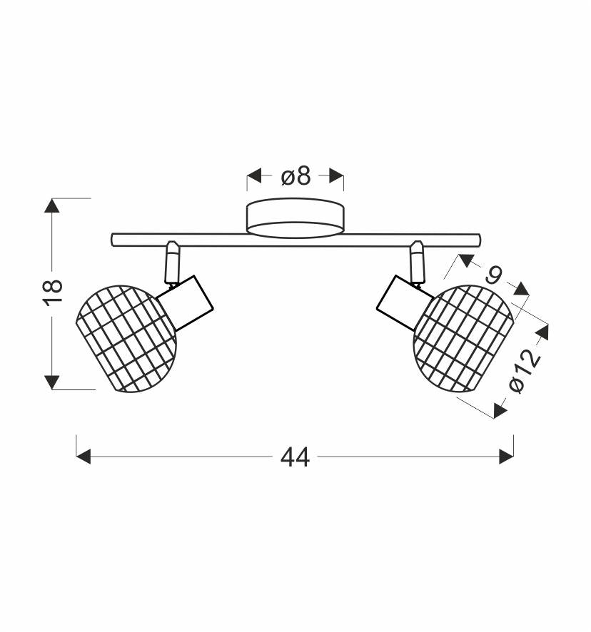 Schéma coté du plafonnier : largeur 44 cm, hauteur 18 cm, diffuseurs Ø 12 cm