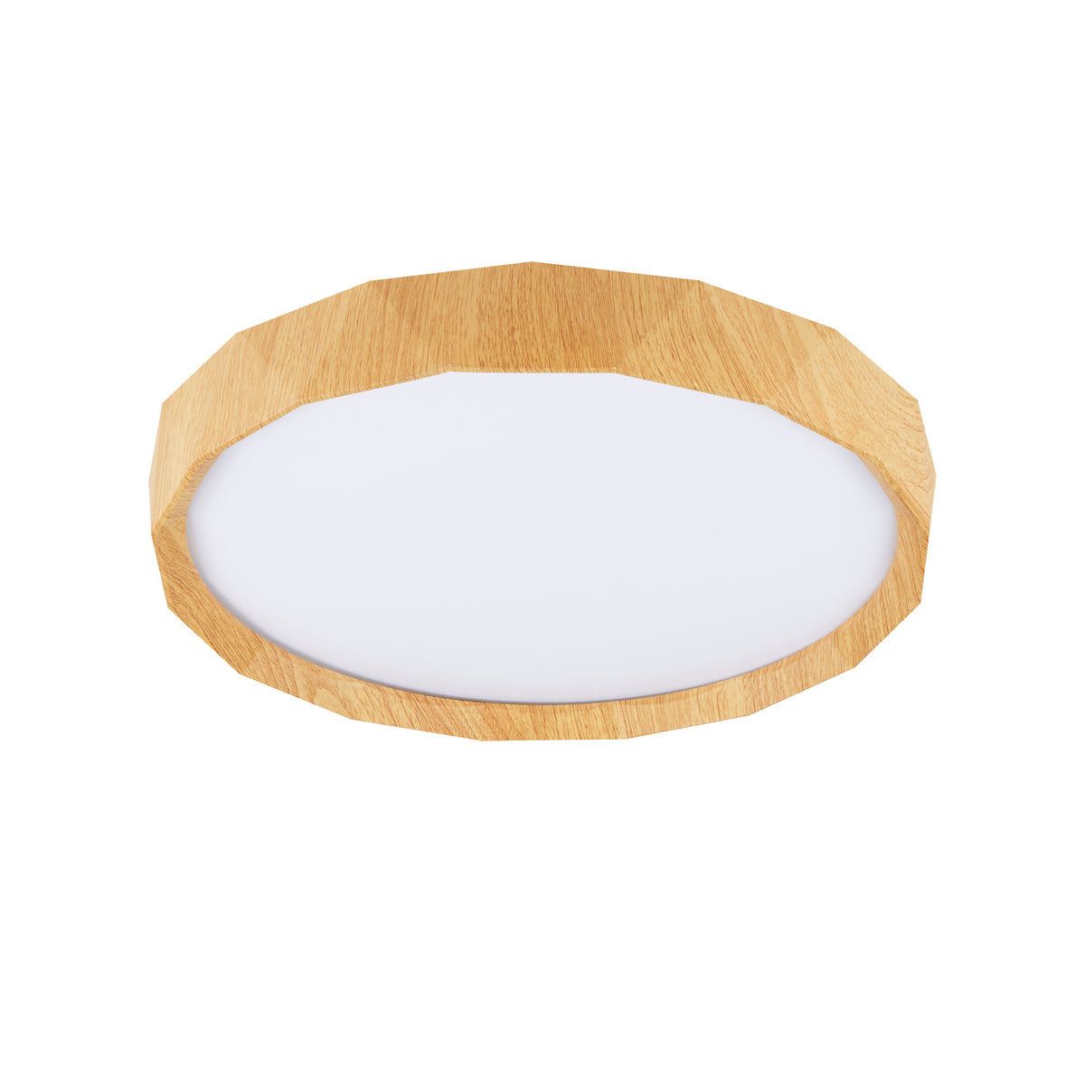 Vue de face d'un plafonnier rond en bois clair avec diffuseur blanc.
