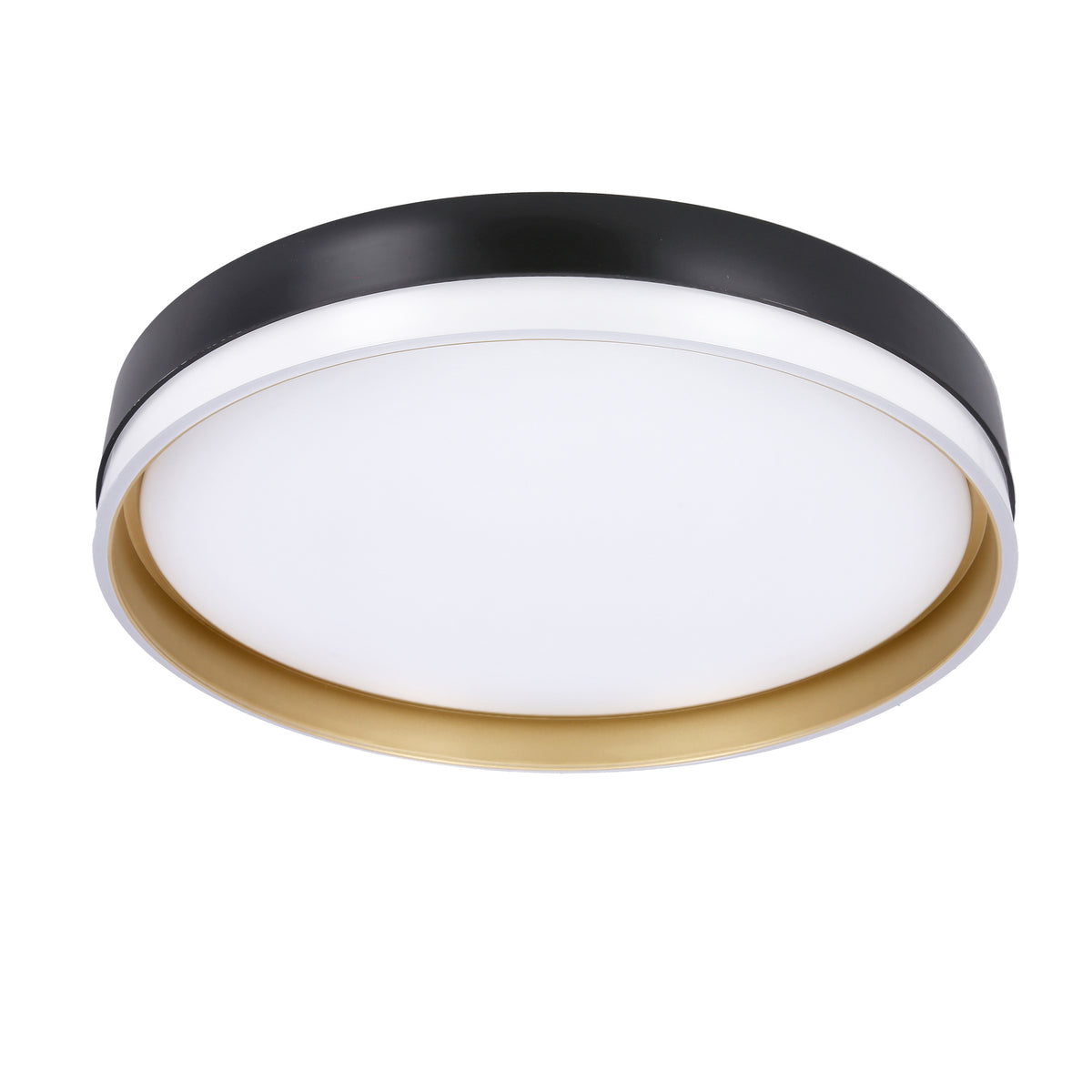 Vue de face du plafonnier rond, cerclage noir, anneau doré et diffuseur blanc
